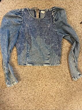 Pilcro Light Wash Denim Puff-Sleeve Long Sleeve Top